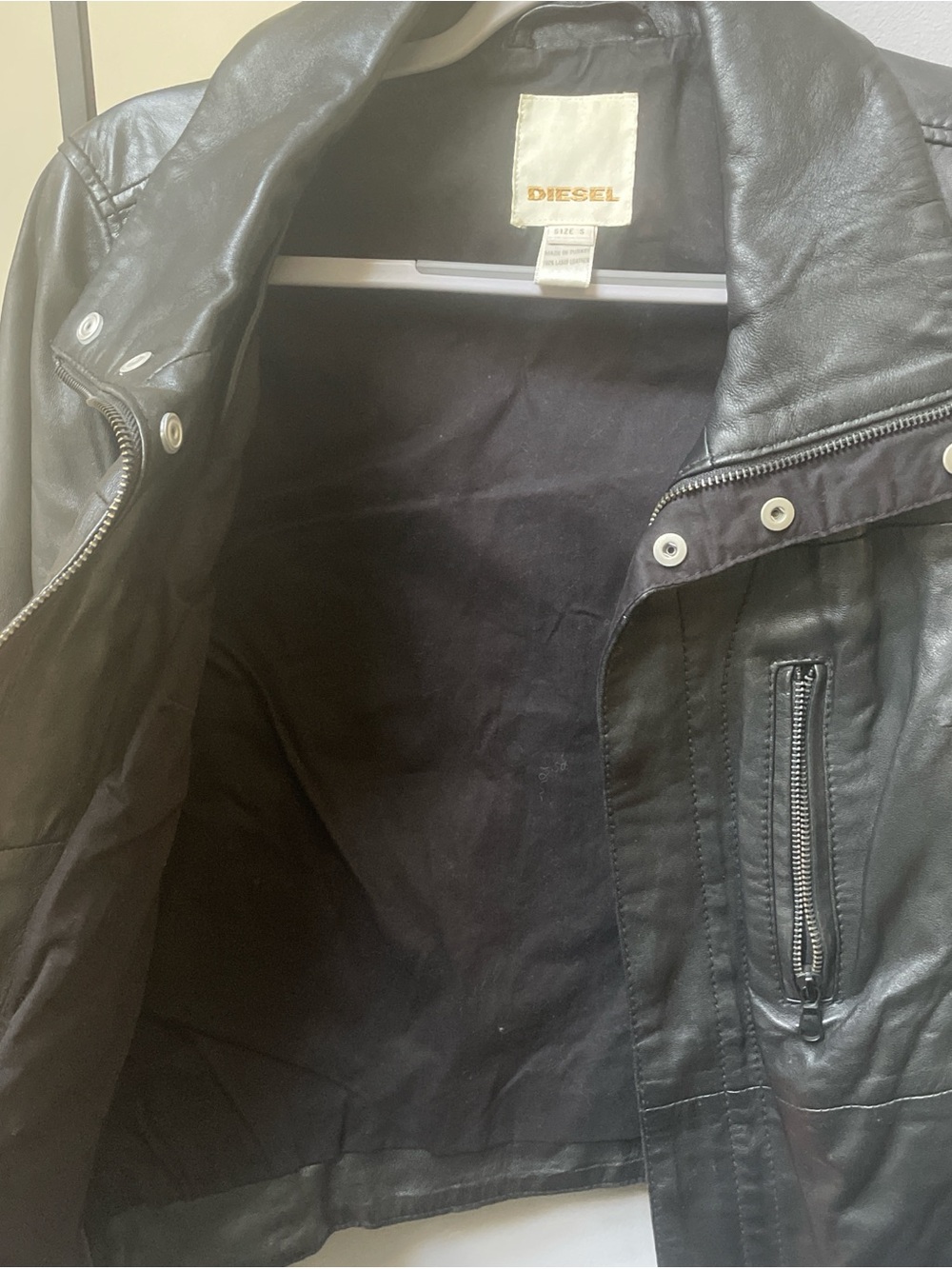 DIESEL Black Leather Bomber Jacket with Zip Pocket